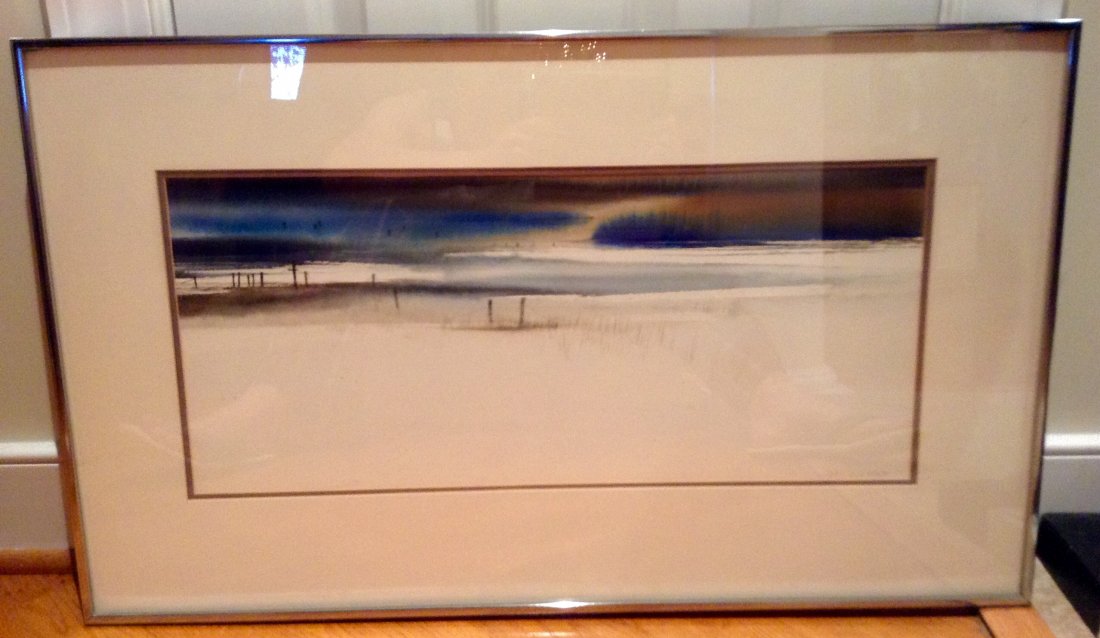 JOHN ALAN STOCK "Marshlands" Watercolor:: JOHN ALAN STOCK "Marshlands" Watercolor: Virginia Artist. Depiction of Wetlands During Winter. Picture Measures 10" X 23". Double Matted Framed To 19 1/4" X 32 1/4". Signed LR in Pencil. (300-500)