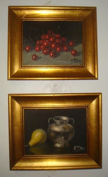 Two J. ROS. Oil on Canvas Paintings of Fruit:: Two J. ROS. Oil on Canvas Paintings of Fruit: One Image is Pear with Silver Double Handled Jug on Table, Other a bunch of Juicy Red Cherries. Each 11" X 9" Overall, 1 3/4" Gilt Frame. (-)