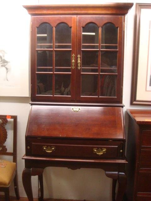 NULL MANUFACTURING Mahogany Bookcase Top Secretary:: NULL MANUFACTURING Mahogany Bookcase Top Secretary: Single Drawer with Brass Batwing Pulls. Slide Out Top Supports. Slant Front Opens to Fitted Interior with Cubbies Over Long Drawer. Separate Bookcas