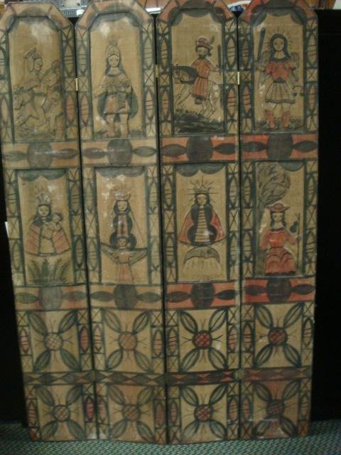 Four Panel Carved and Chalk Painted Screen:: Four Panel Carved and Chalk Painted Screen: Depicting Los Penitentes or Brotherhood of Our Father Jesus of Nazareth, A Lay Confrternity of Spanish-American Roman Catholic Men Dating Back at Least 1000