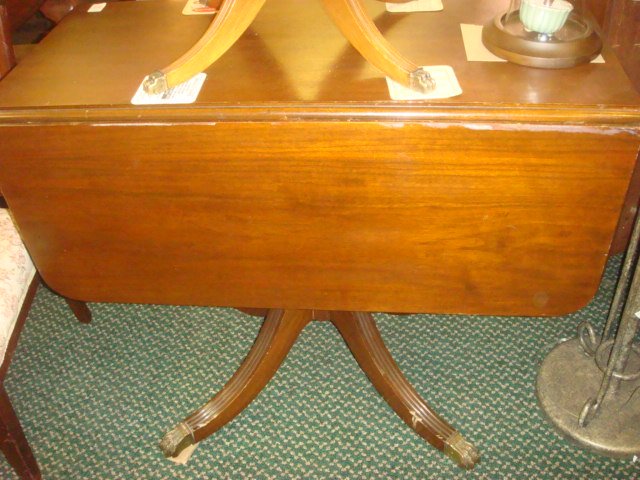 BRANDT Drop Side Mahogany Pedestal Table:: BRANDT Drop Side Mahogany Pedestal Table: Square When Sides are up; 2 Drawers w/Brass Ring Lion Pulls, Pedestal Base on 4 Splay Legs w/Brass Animal Capped Feet. CA 1940's. From Hagerstown, MD 1901-198