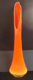 Tall Blenko Style Orange Funeral Vase:: Tall Blenko Style Orange Funeral Vase: Ribbed Top Descends into Bulbous Bottom. 36 1/2"T (75-150)