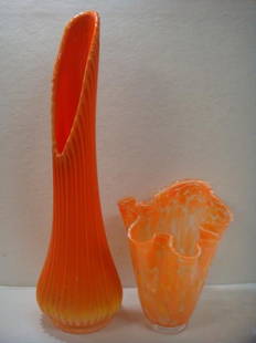 Orange Handkerchief Vase & Blenko Style Funeral Vase:: Orange Handkerchief Vase & Blenko Style Funeral Vase: Orange Sherbet Handkerchief Vase 8 3/4"T; Funeral Vase 19"T. (75-150)