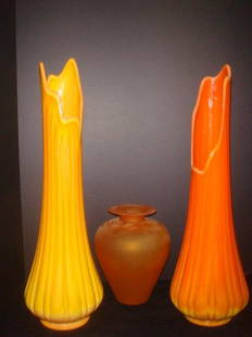 Satin Glass Vase & Pair of Blenko Style Vases:: Satin Glass Vase & Pair of Blenko Style Vases: Satin Glass 9'Tall-Bulbous Shape with Everted Lip. Ribbed Funeral Vases-one Bright Orange, Other Yellow Orange. Funeral Vases 21"Tall. (100-200)