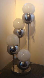 Pair Mid Century Modern 3 Way Chrome Table Lamps:: Pair Mid Century Modern 3 Way Chrome Table Lamps: Four Bulbs on Stair Step Stems, Each on Round Base. Lights have White Soft Globes. 28"Tall, 8" Round. (100-200)