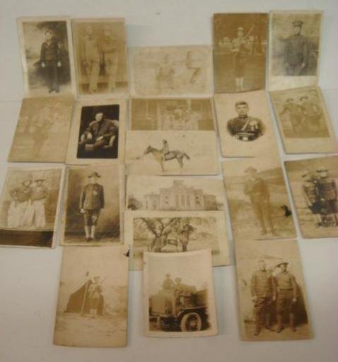 20 World War I Era Post Cards of Doughboys:: 20 World War I Era Post Cards of Doughboys: Mostly Studio Pictures of American Soldiers Preparing to Go to France and Fight the Great War. Two with Horses and a very Early Truck Picture. One Sent Wish