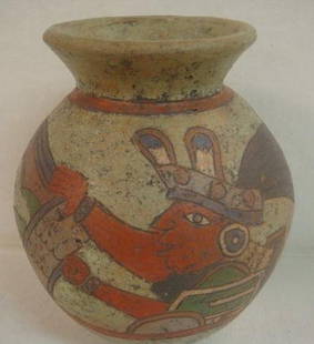 Mama Mono Pre Columbian Replica Vase:: Mama Mono Pre Columbian Replica Vase: Marta Ramirez AKA Mama Mono, So Called Because She Specializes in "Monos" or Replicas of Pre-Columbian Art. Clay Vase with Incised and Hand Painted Male Figure