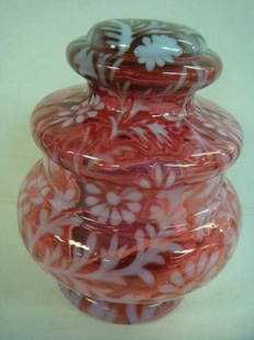 Cranberry Opalescent Daisy & Fern Apothecary Jar:: Cranberry Opalescent Daisy & Fern Apothecary Jar: Made By Fenton for L.G. Wright, Jar with Lid. Daisy and Fern Pattern. Mid 20th C. 9 3/4"T, with Lid. (150-200)