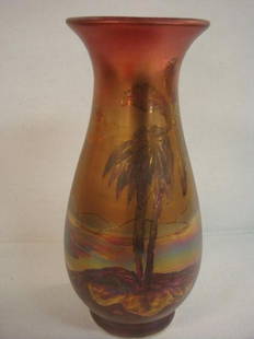 WELLER LaSa Metallic Luster Vase:: WELLER LaSa Metallic Luster Vase: Depicts Sunset over Mountains with Foliage at Front. Artist John Lessell, ca. 1910. Signed Weller LaSa on Base Under Tree. Wear to Interior Top. 9 3/4"T. 