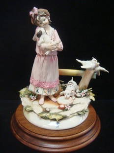 CAPO DI MONTE By Gino Pezzato Porcelain Figurine: Girl: CAPO DI MONTE By Gino Pezzato Porcelain Figurine: Girl with Puppies and Birds on Fence is Attached to Wooden Base. 8 3/4"T. N with Crown Mark on Front. Signature with Lions and P in Shield on Back. 