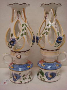 Pair of Hand Painted Ceramic 2 pc. Candle Holders: Made: Pair of Hand Painted Ceramic 2 pc. Candle Holders: Made in Portugal. Each is 11 1/2"T with Flame Pierced Ruffled Top. (100-200)