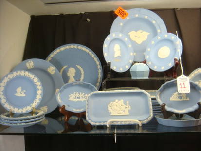 WEDGWOOD and Other Blue Jasperware Pieces: 40 Pcs.: WEDGWOOD and Other Blue Jasperware Pieces: 40 Pcs. Include 8 1/2" Dia. Queen Elizabeth II Silver Jubilee Plate; 2- 6 5/8" Plates; 21- 4 3/8" Plates; 6 7/8" & 3- 4 1/4" Ashtrays; 3- 4" Oval Trays; 3