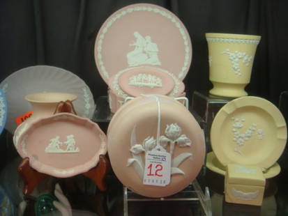 Pink, Lavendar, Yellow WEDGWOOD, ECANADA & Jasperware:: Pink, Lavendar, Yellow WEDGWOOD, ECANADA & Jasperware: 10 Pcs. Inc., Pink 6 5/8" "Autumn"; 4 1/2" Oval Box & 4 3/8" Oval Dish; Lavender 7" Oval Plate; Yellow 4"T Vase; 2- 4 1/2" Ashtrays & 1 1/4" Sq.