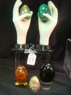 Collection of Millefiori, Malachite, Amber and Quartz:: Collection of Millefiori, Malachite, Amber and Quartz: Two Millefiori Glass Shaped Eggs Accented With Gold, Made in Italy. 2" Malachite Egg From the Congo, Is of Altered Zones of Green Copper