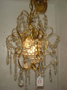 Single Light Vestibule/Entry Way Chandelier: Beeded: Single Light Vestibule/Entry Way Chandelier: Beeded Swags and Drops with Icicle Prism Drops. Gold Metal Frame. 17" Tall and 11" Round. (100-200)