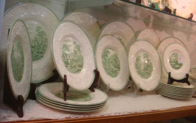 WEDGWOOD Torbay Dinnerware, 36 Pieces: Patrician Shape: WEDGWOOD Torbay Dinnerware, 36 Pieces: Patrician Shape with Different Landscapes in Green, Includes Five 10 5/8" Plates, Eight 8 3/8" Salad Plates, Ten 6 1/2" Bread Plates, 5 Handled Soup Bowls and 8