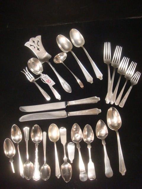 Assorted Sterling and Coin Silver Flatware, 24Pc:: Assorted Sterling and Coin Silver Flatware, 24Pc: International Silver "Minuet" 2 Forks, Salad Fork, Teaspoon, 3 Soup Spoons, 2 Knives and Sugar Spoon. Gorham Cream Ladle, Teaspoon Engraved Class of 1