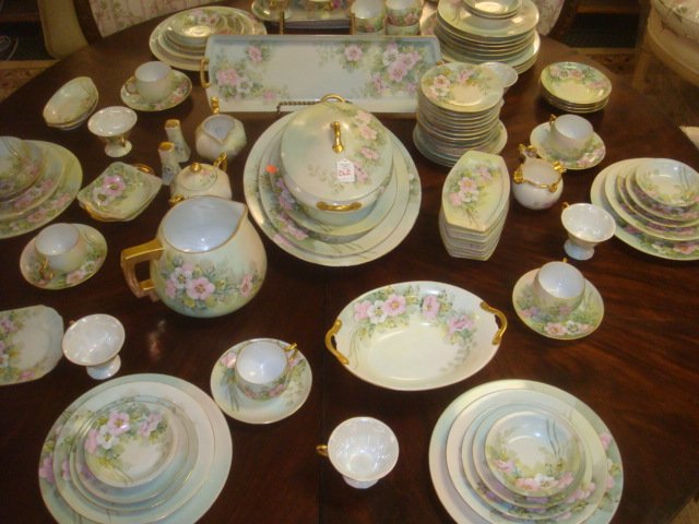 Handpainted Assorted Maker Porcelain Dinnerware: Pink &: Handpainted Assorted Maker Porcelain Dinnerware: Pink & White Floral Signed by Mattill On 9 Dinner Plates, 11 Limoges Luncheon Plates, 8 RM Bavaria Oval Dishes, 7 Paul Selb Bavaria Fruit Bawls, 16 1/4