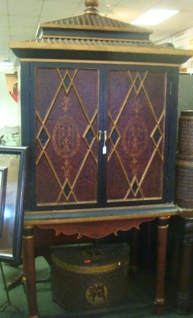 Painted Wooden Shrine/TV Cabinet on Stand: Pagoda: Painted Wooden Shrine/TV Cabinet on Stand: Pagoda Shaped Cabinet is 84"T, 40"W, 25 1/2"D. Open Base with Column Legs and Box Stretcher. Shaped Apron. Double Doors Open to Large Interior. Painted Black
