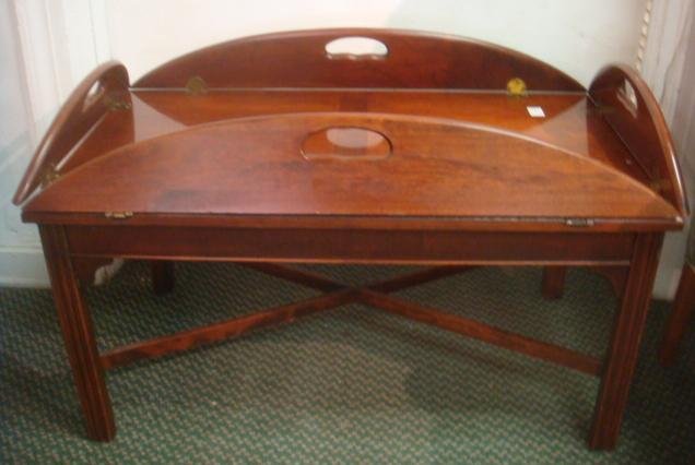 Cherry Butler's Table: Banded Edge and Center, Rounded: Cherry Butler's Table: Banded Edge and Center, Rounded Handles, Grooved Square Legs, "X" Stretcher Base and Brass Hinges. 17"T X 35"L X 20 1/2"W, with Handles Up. (100-200)