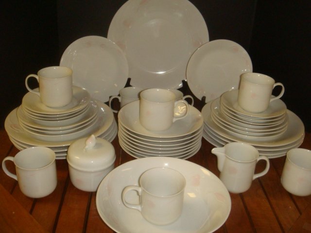 Service for Eight Ranmaru Dinnerware, "Tulip Shadow":: Service for Eight Ranmaru Dinnerware, "Tulip Shadow": White Ground with Pale Pink Tulips. Includes 12" Round Platter; 9 1/4" Round Serving Bowl; 10 1/4" Dinner Plates; 7 1/2" Luncheon Plates; 6 1/2" S