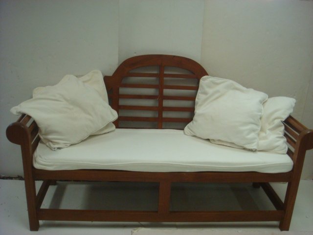 LUTYENS Inspired Teak Settee with Two Chairs:: LUTYENS Inspired Teak Settee with Two Chairs: High Arched Sloping Back, Rolled Arms, Slatted Bottom & Wide Slat Top w/Box Stretcher. Sir Edwin Lutyens a British Architect; Real Name-Thakenham. Now A N