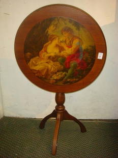 Romantic Transfer on Round Tilt-Top Table:: Romantic Transfer on Round Tilt-Top Table: Young Rural Farm Couple Discussing the Things They See in Nature. 23" Tall and 22" Round. Tripod Legs and Single Pedestal. (100-300)