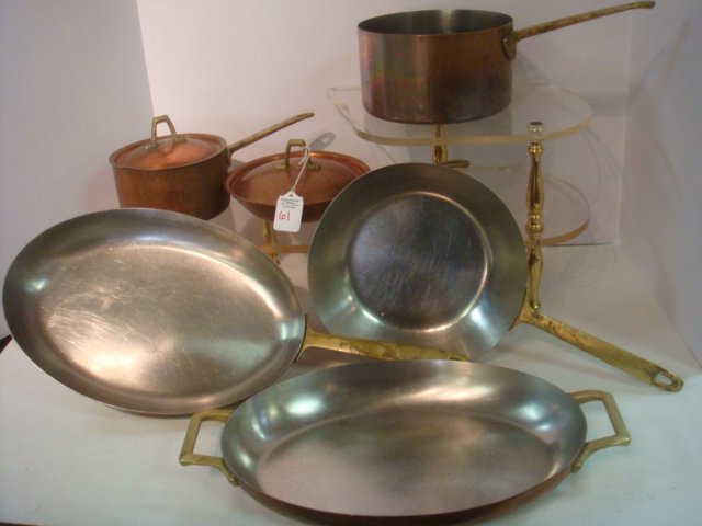 Eight Piece Paul Revere Limited Ed. Copper Cookware:: Eight Piece Paul Revere Limited Ed. Copper Cookware: Ca 1976 From the Paul Revere Centennial Collection. Brass Handles. 18 3/4" Oval Omelet Pan, 14 1/2" Oval Double Handled Pan, 8 1/2" & 6 1/2" Fry Pa
