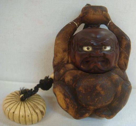 Antique Carved Oko Figural Wood Box With Bone Toggle:: Antique Carved Oko Figural Wood Box With Bone Toggle: From Polynesia. Covered Stash Pocket, Made to Hang on Belt. Monkey(?) Figure with Haliotis (Abalone)Shell Eyes. Hinged Mask Opens to Carved Out Ca