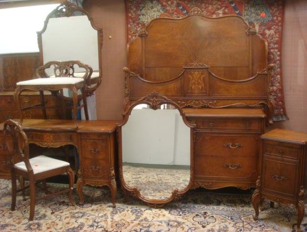 J.B. VanSciver 9 Pc Marquetry Inlaid Bedroom Set:: J.B. VanSciver 9 Pc Marquetry Inlaid Bedroom Set: French Style Includes Low Chest, Chest on Chest, Full or Double Bed, Vanity Desk, 2 Framed Mirrors, Bench Chair. All with Foliate Floral and Grooved S