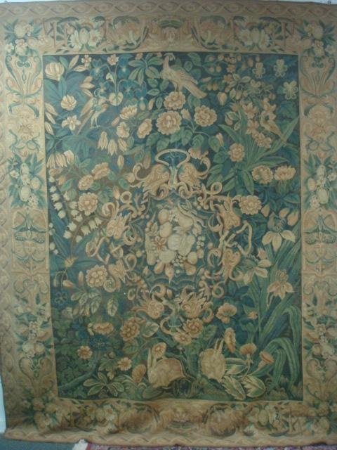 Vintage Large Wall Needlepoint Tapestry:: Vintage Large Wall Needlepoint Tapestry: Tapestry in Greens and Tans. Floral Center with Birds. Border with Floral, Fruits and Faces. 94" X 116" (300-500)