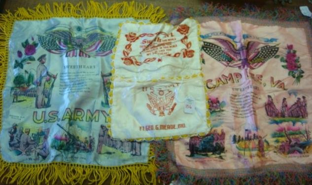 Three World War II, SWEETHEART PILLOW COVERS:: Three World War II, SWEETHEART PILLOW COVERS: Camp Lee VA, Fort George G. Meade & US ARMY. Fringed Silkscreens of Army Life with Sentimental Verse to Send Back to the Folks on the Home Front. Two are