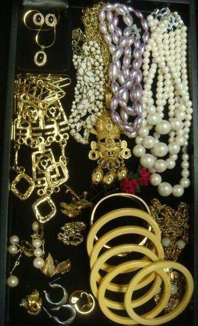 Selection of Ladies Costume Jewelry:: Selection of Ladies Costume Jewelry: 5 Bakelite Bangles, Clip, Screw-Back & Pierced Earrings, Mayan Figural Necklaces, Cuff Bracelet. Purple & White Bead Necklaces, Charel Necklace & Earrings. (100-20