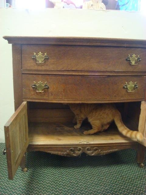 Circa 1910 Golden Oak Bow Front Wash Stand:: Circa 1910 Golden Oak Bow Front Wash Stand: Bow Front Top Extends Over 2 Upper Drawers with Bowed Fronts Over Double Cabinet with Paneled Fronts. Applied Scroll Carving on Apron. Batwing and Bail Hand