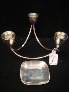Sterling DUCHIN 3 Light Candle Holder, Tiffany Dish:: Sterling DUCHIN 3 Light Candle Holder, Tiffany Dish: Duchin Creations Sterling Weighted Marked in Cups. Unusual Triangular Arrangement. 4"T, 7 3/4"D. 3 1/2" Square Silver Dish is Marked "Tiffany & Co