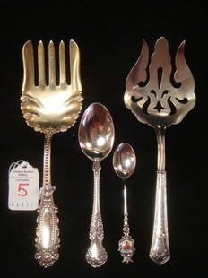 Sterling Serving Forks, Teaspoon & a Collector Spoon:: Sterling Serving Forks, Teaspoon & a Collector Spoon: Salad Serving Fork with Hollow Handle Marked 3DWT Sterling is 8"L. Watson Vegetable Fork with Gold Wash Tines is 8"L. Gorham Teaspoon is 5 3/4".