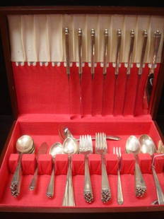 HEIRLOOM Sterling Silver Reigning Beauty Flatware Set:: HEIRLOOM Sterling Silver Reigning Beauty Flatware Set: Ca 1953. 54 Piece Service for 8 Includes Eight Each Place and Salad Forks, Hollow Handle Knives, Round Bowl Soup Spoons, Teaspoons, Ice Tea