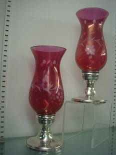 Sterling Candle Holders with Etched Shades:: Sterling Candle Holders with Etched Shades: Vine and Berry Cranberry Hurricane Shades on Sterling Candlesticks with Weighted Bases. 10"T Overall. (80-120)