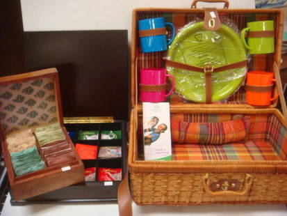 Picnic Basket and 2 Tea Boxes:: Picnic Basket and 2 Tea Boxes: Plastic Plates, Utensils and Handled Cups for 4 in Plaid Lined Wicker Basket with Leather Strap. 4 Slotted Tea Box with Indian Chai, Ginger and Green Teas. 12 Slot