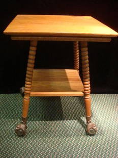 Golden Oak American Fern Stand with Glass Ball Feet:: Golden Oak American Fern Stand with Glass Ball Feet: Square Top Beveled Underside, Impressed Design on Single Square Midway Shelf, Supported by Ring Turned Splay Legs Ending in Cast Metal North Face,