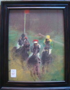 KATHY FERRIS "Sport of Kings II" Pastel on Paper:: KATHY FERRIS "Sport of Kings II" Pastel on Paper: Painting of Horse Race Heading to the Finish Line. Signed Lower Right. Framed to 14" X 17". (200-300)