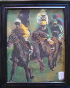 KATHY FERRIS "Sport of Kings I" Pastel on Paper:: KATHY FERRIS "Sport of Kings I" Pastel on Paper: Painting of Horse Race with Colorful Jockeys. Signed Lower Right. Framed to 14" X 17". (200-300)