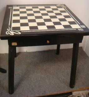 Asian Motif Chess Board Table By TRANSCO:: Asian Motif Chess Board Table By TRANSCO: Ca. 1962. Single Feltlined Drawer for Opposing Chess Pieces. "TAG" Mandarin Chess Set w/Black & White Table. Plastic Pieces Meant To Represent Jade & Ivory.