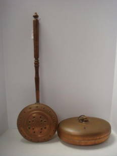 Antique French and German Copper Bed/Foot Warmers:: Antique French and German Copper Bed/Foot Warmers: French Clam Shell Bedwarmer with Wooden Handle is Marked "Goar" Marque Depose Villedieu. 26"L, 8 1/4"W. Old Repair. Oval German Bed/Foot Warmer is