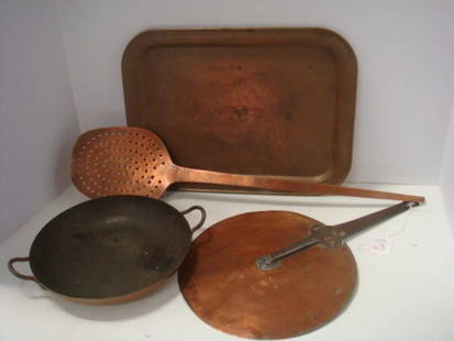 Vintage Copper Cookware and Tray:: Vintage Copper Cookware and Tray: French Courbevoie Double Handled Pan is 8 3/4"D. Flat Lid with Iron Handle is 9 1/4"D, Marked DNV. Pierced Stirring Spoon is (100-200)