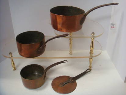 Three 19th C French Copper Pans and Lid:: Three 19th C French Copper Pans and Lid: All with Wrought Iron Handles. 4 3/4"D, 5 3/4"D and 6 1/2"D Sauce Pans have Some Wear. Largest has Dovetail Bottom. 5"D Flat Lid. (200-300)