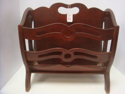 Vintage Mahogany Magazine Rack:: Vintage Mahogany Magazine Rack: Top Carved Handle over Solid Divider with Open Shield Ends, Open Carved Sides. Cabriole Legs end in Bracket Feet. 16"T X 16"L X 12"W. (60-100)
