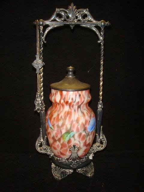 JAMES W TUFTS Silver-plate Pickle Caster:: JAMES W TUFTS Silver-plate Pickle Caster: #3612 Silver-plate Frame has Wear to Plate. Lobed Glass Jar with Pink and White Speckles has Hand Painted Enamel Morning Glory on Side. Silver-plate Lid and T