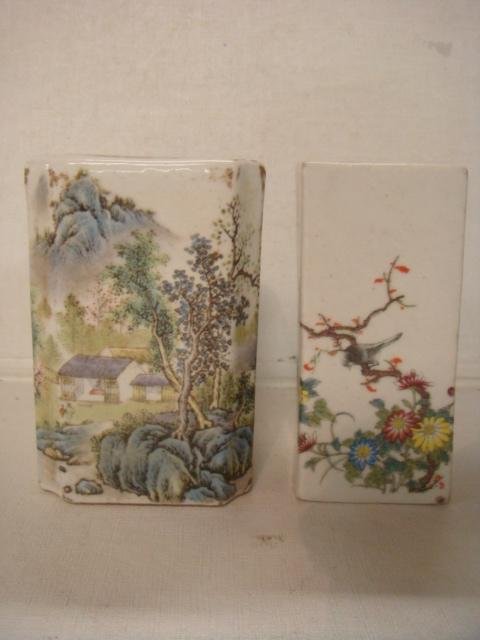 Two Chinese Porcelain Brush Pots:: Two Chinese Porcelain Brush Pots: Floral and Bird Transfer 4 3/8"T, 2" Square Pot has Calligraphy on Back. 4 1/4"T, 3" Square Pot with Cut Corners has Scenic Transfer with Calligraphy on Back. (160-24