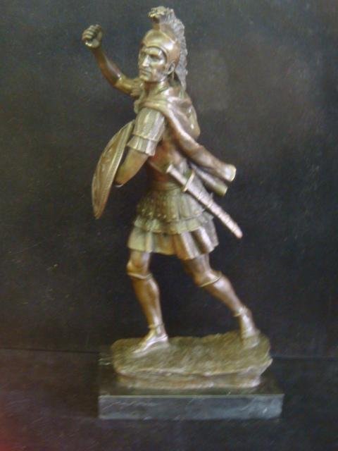 Hot Cast Bronze Roman Centurion Signed E DROUOT:: Hot Cast Bronze Roman Centurion Signed E DROUOT: This Statue After E Douard Drouot 1859-1945, Listed French Sculptor. Foundry Stamp. European Bronze Finery. Classical Soldier w/Shield on Marble Plinth